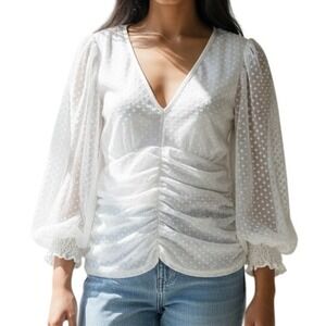 BOSTON PROPER White Swiss Dot Tulle V-Neck Bishop Sleeve Top NWOT‎ Size Medium